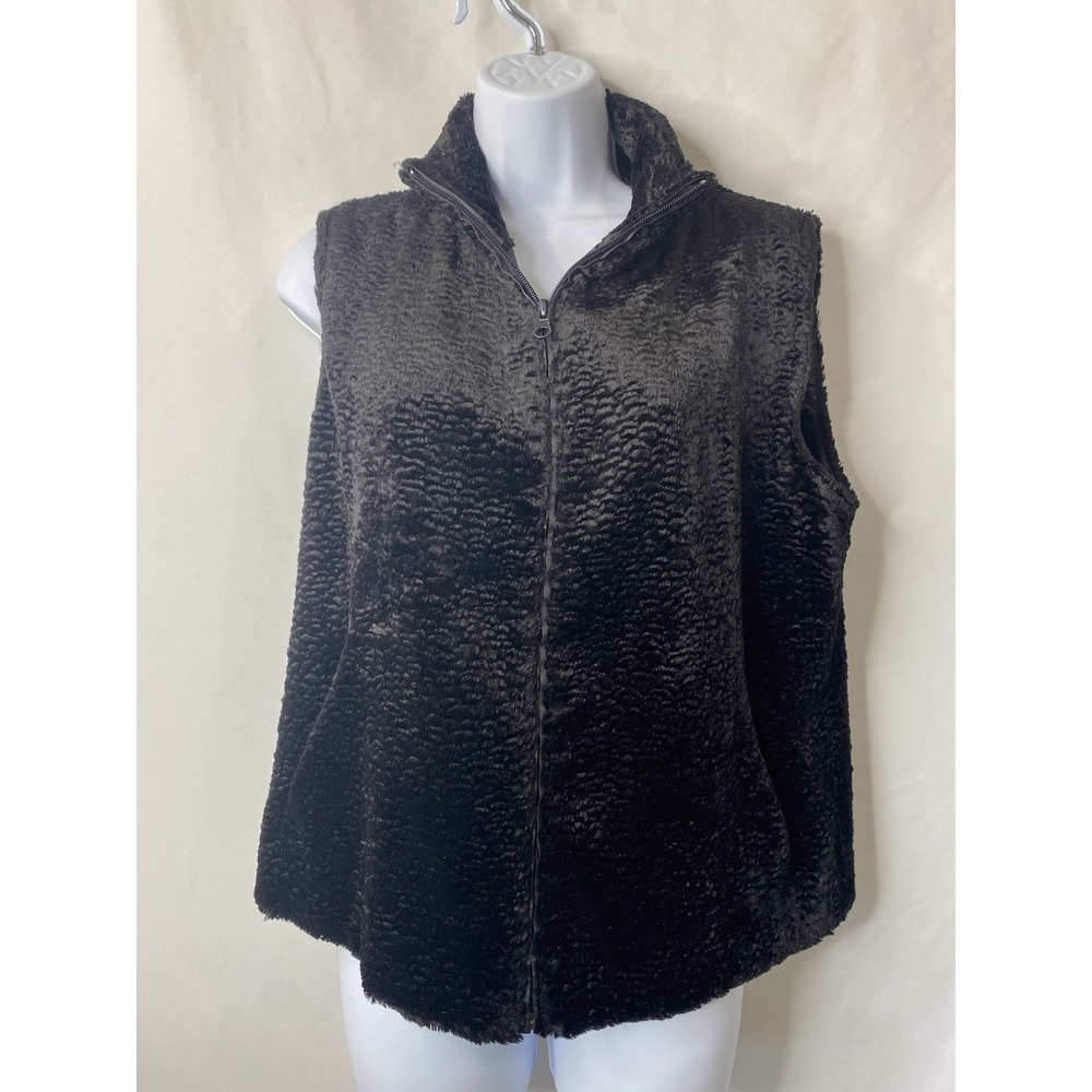 Cejon Faux Fur Black Vest Zip Up Size Large Mob Wife Rocker Soft Whimsigoth Warm